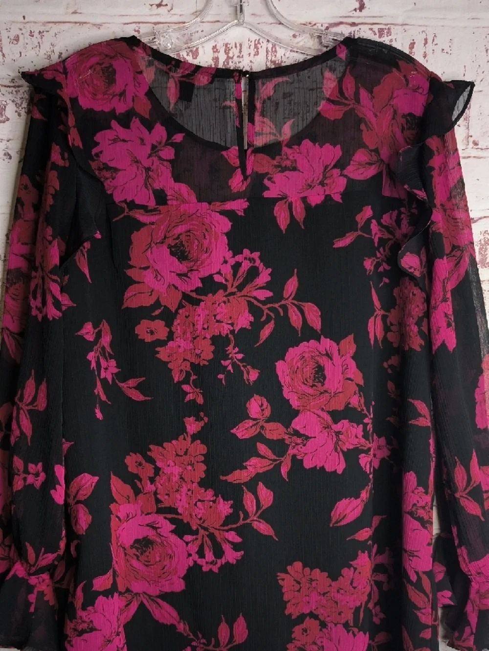 Black Fuchsia Floral Roz & Ali Large Round Neck Long Sleeve Light Weight - Picture 2 of 5